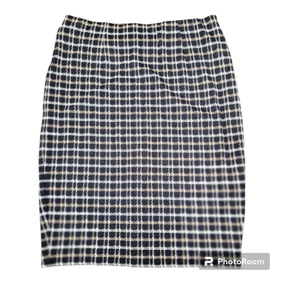 J. JIill Ponte Pencil Skirt Midi Plaid Camelmulti Back Slit Petite Size MP - Picture 1 of 8